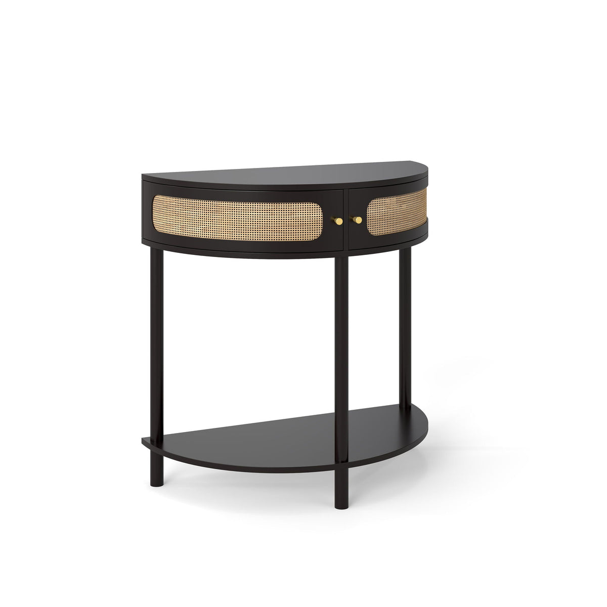 Boho Rattan Semi Circle End Table with Sliding Door and Storage - Black or Dark Green