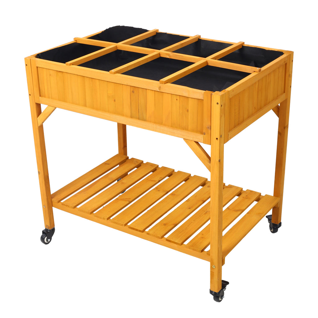 Elevated 8 Pocket Herb Garden Bed with Lockable Wheels - Fir Wood