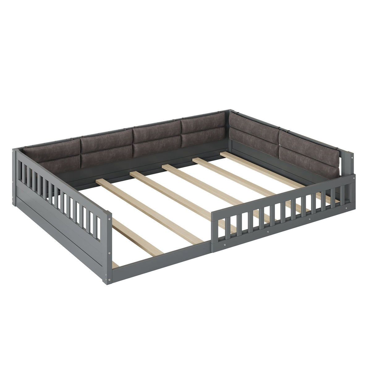 Upholstered Platform Bed with Guardrail and Pillow - Dark Gray