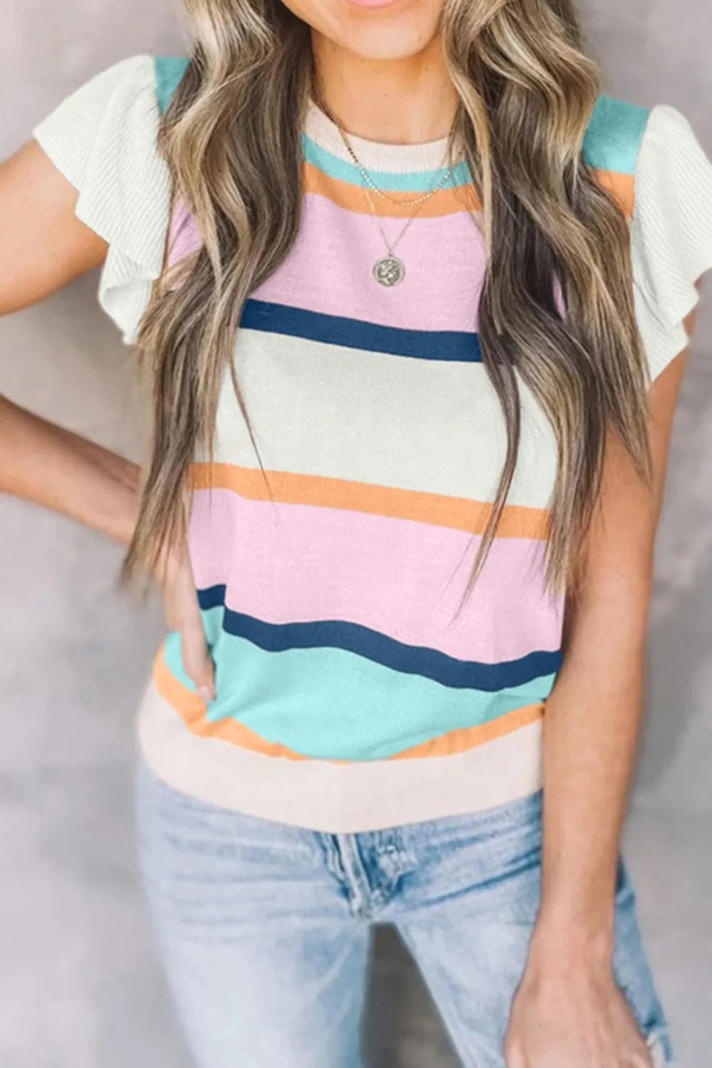 Color Block Round Neck Cap Sleeve Knit Top