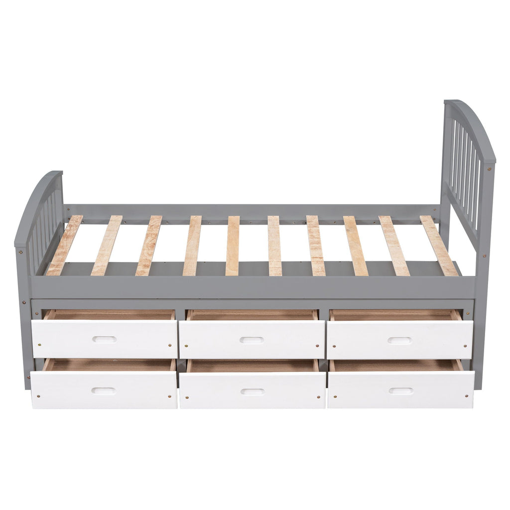 Solid Wood Twin Storage Bed with 6 Drawers - Multiple Colors