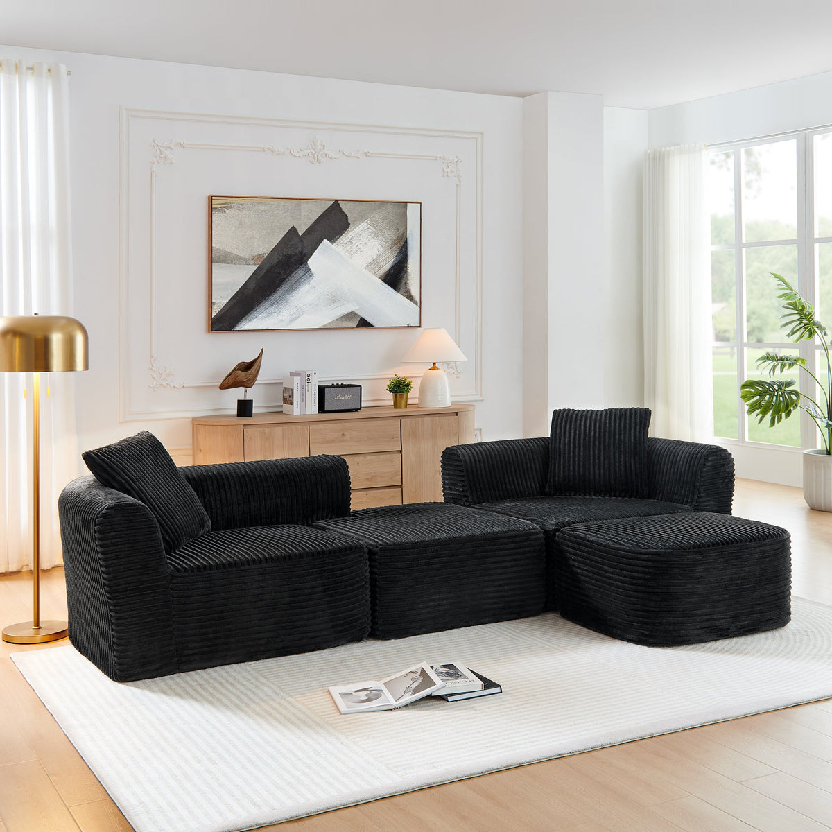 114" Cloud Sectional Couch with L-Shape Chaise – Corduroy Modular Sofa - Black or Grey