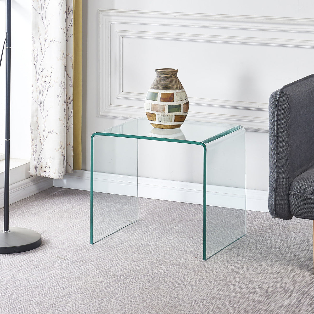 Tempered Glass End Table with Seamless Bent Glass Design - Transparent