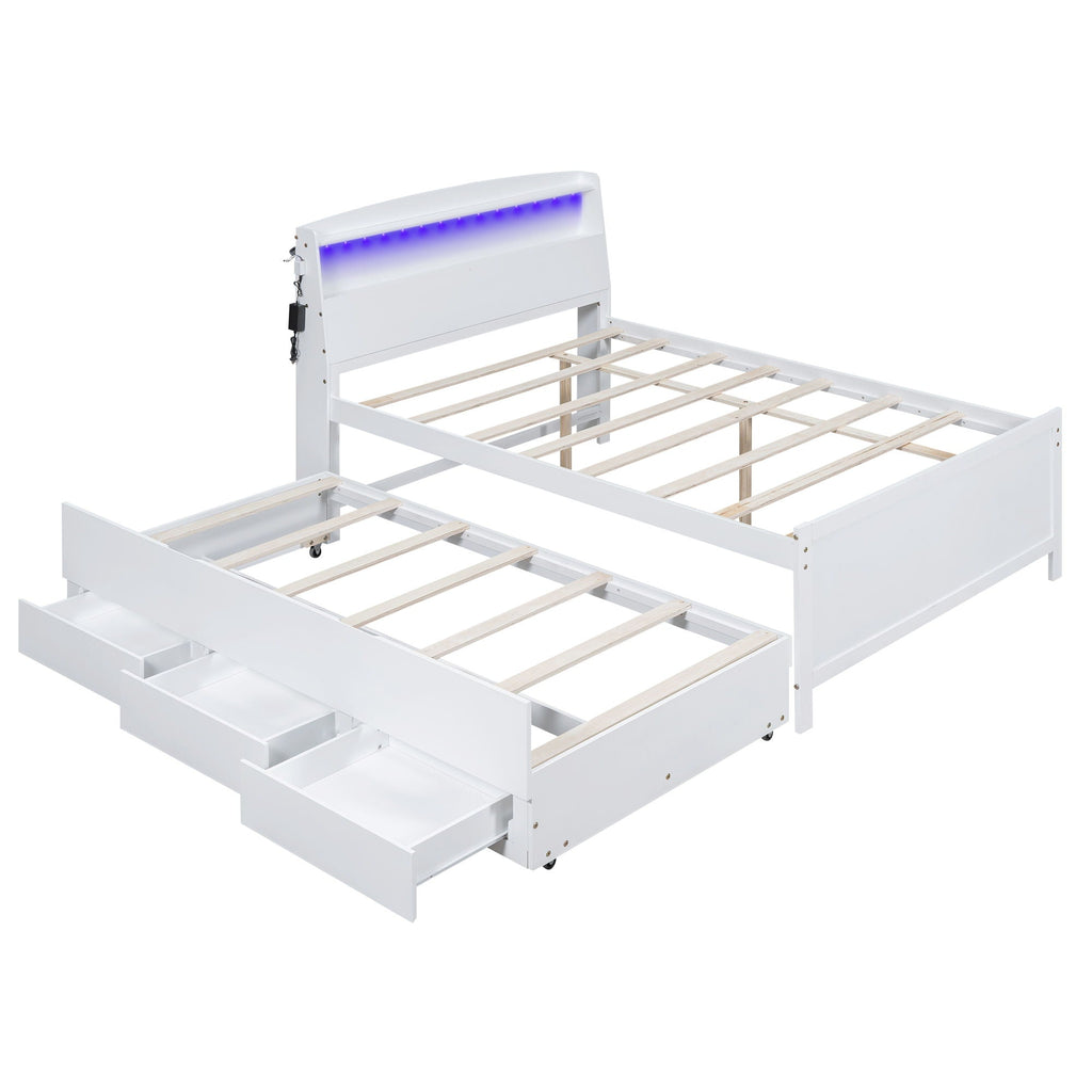 Full Size Platform Bed with Storage LED Headboard and Twin Trundle - White