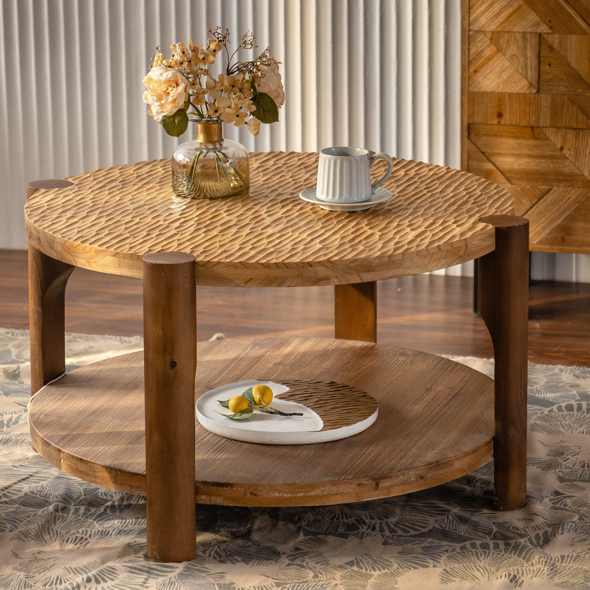 Round Coffee Table with Solid Wood Base and 2-Tier Storage - Natural