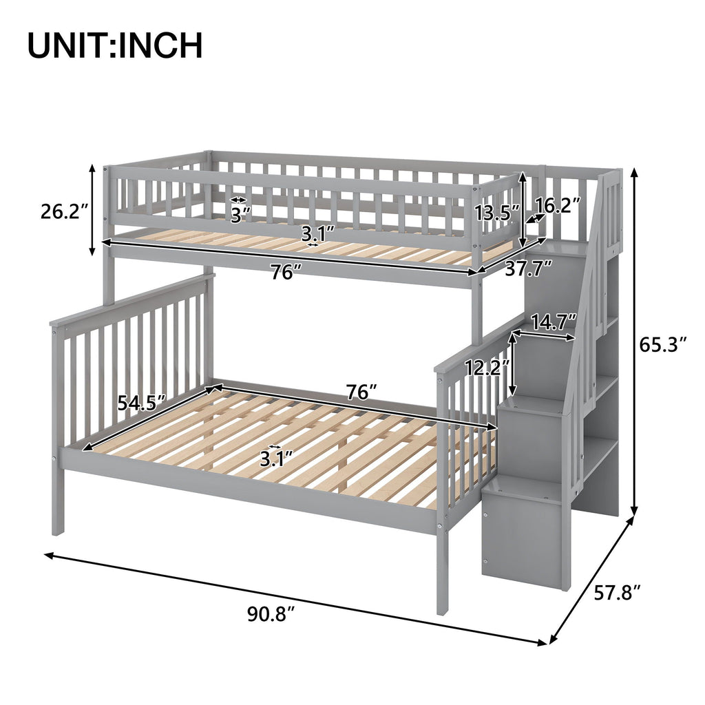 Bunk Bed with Staircase and Storage Options - Dark Gray or White