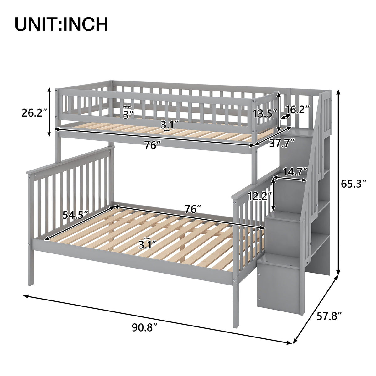 Bunk Bed with Staircase and Storage Options - Dark Gray or White