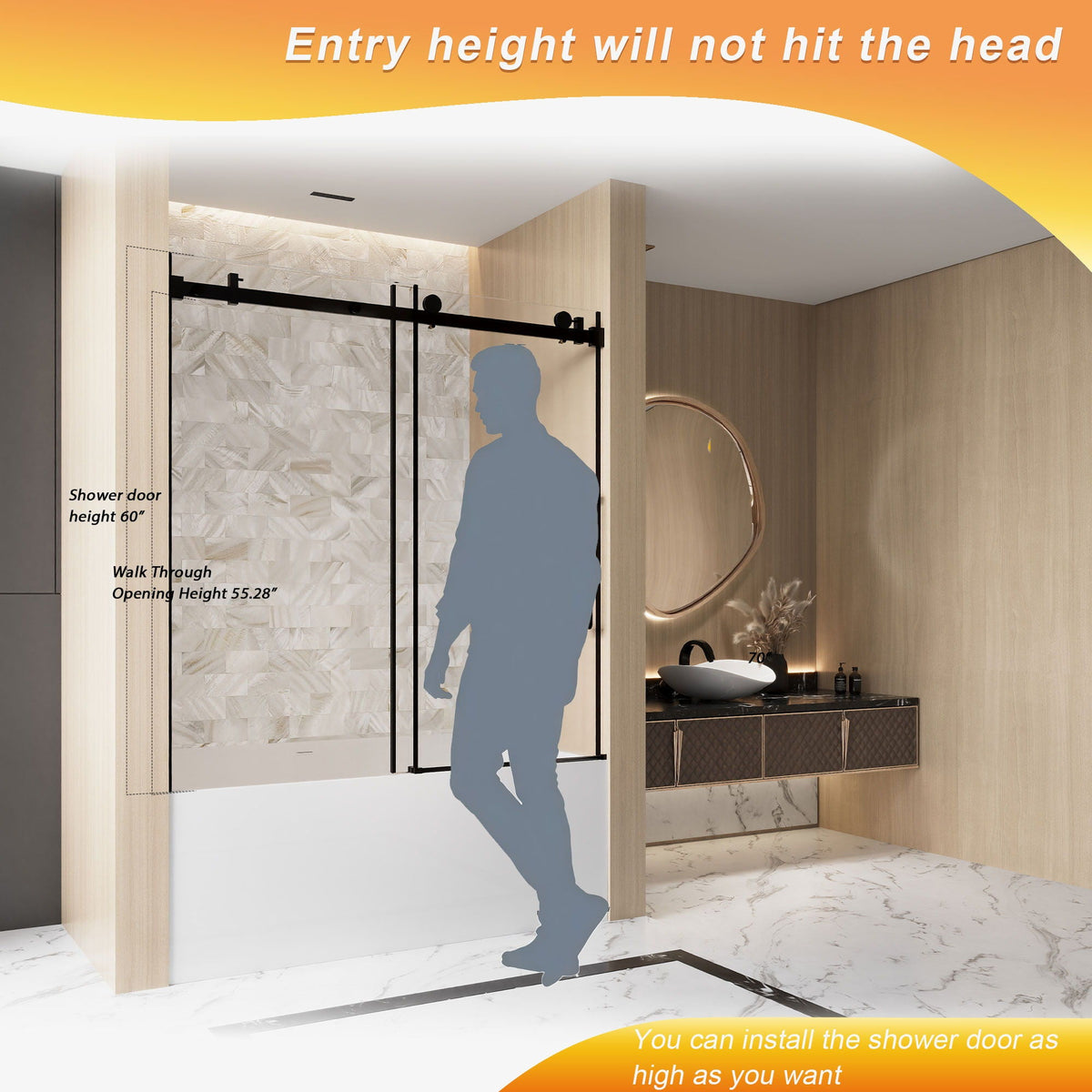 Frameless Single Sliding Shower Door with Square Tube Track - Black