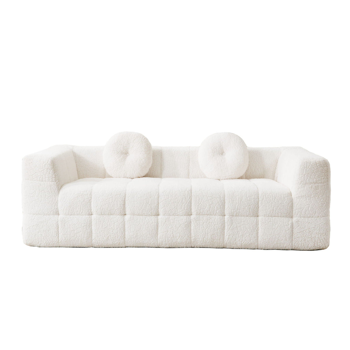 Beige 3 Seater Sofa with Circular Throw Pillows - Lychee-Textured Polyester