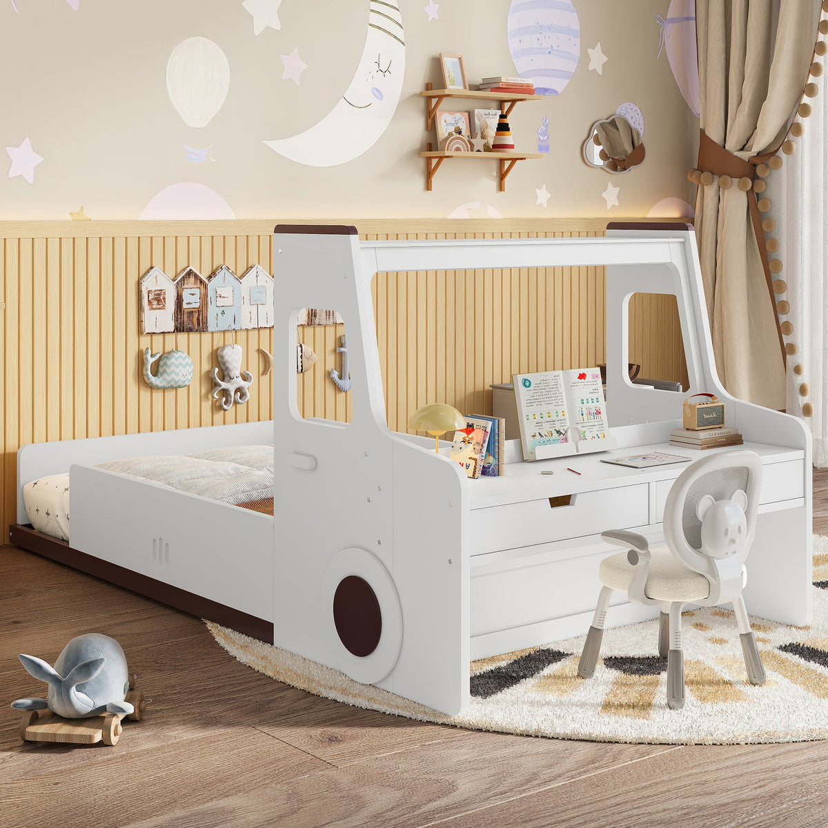 Twin Size Car-Shaped Floor Bed with Storage Drawers - Pine Wood