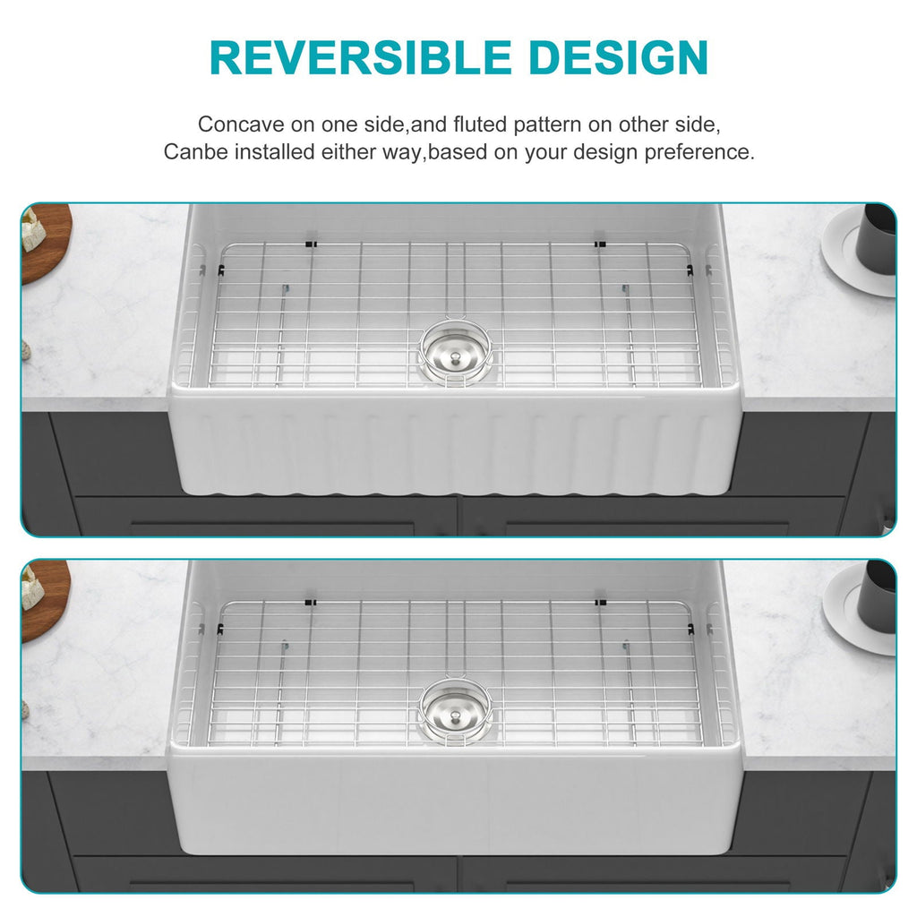 Ceramic Farmhouse Sink with Deep Basin and Stainless Steel Grid - White