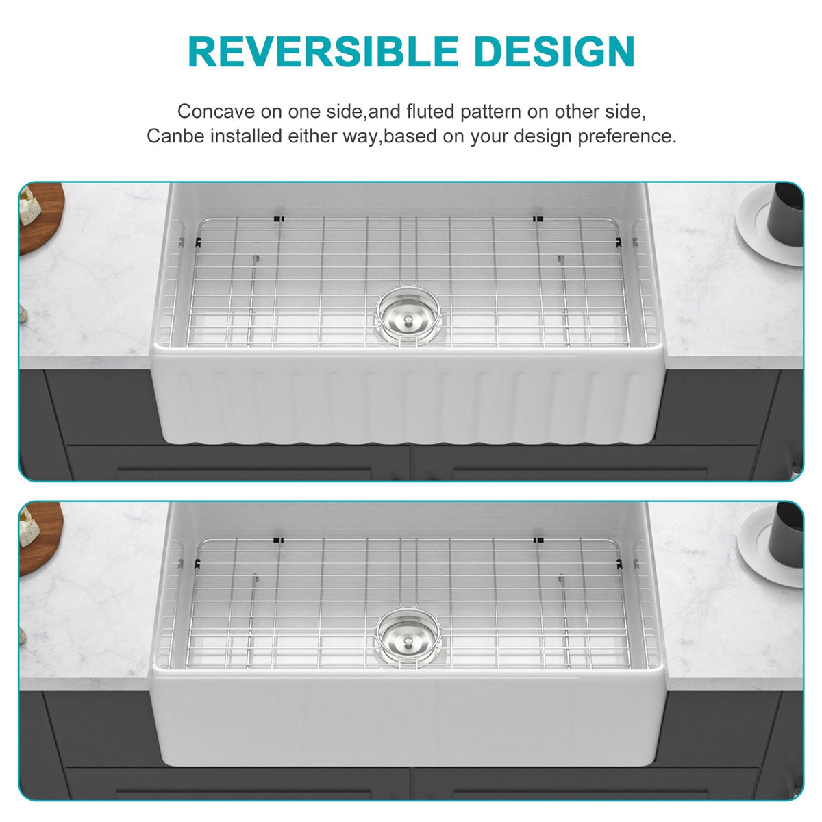 Ceramic Farmhouse Sink with Deep Basin and Stainless Steel Grid - White