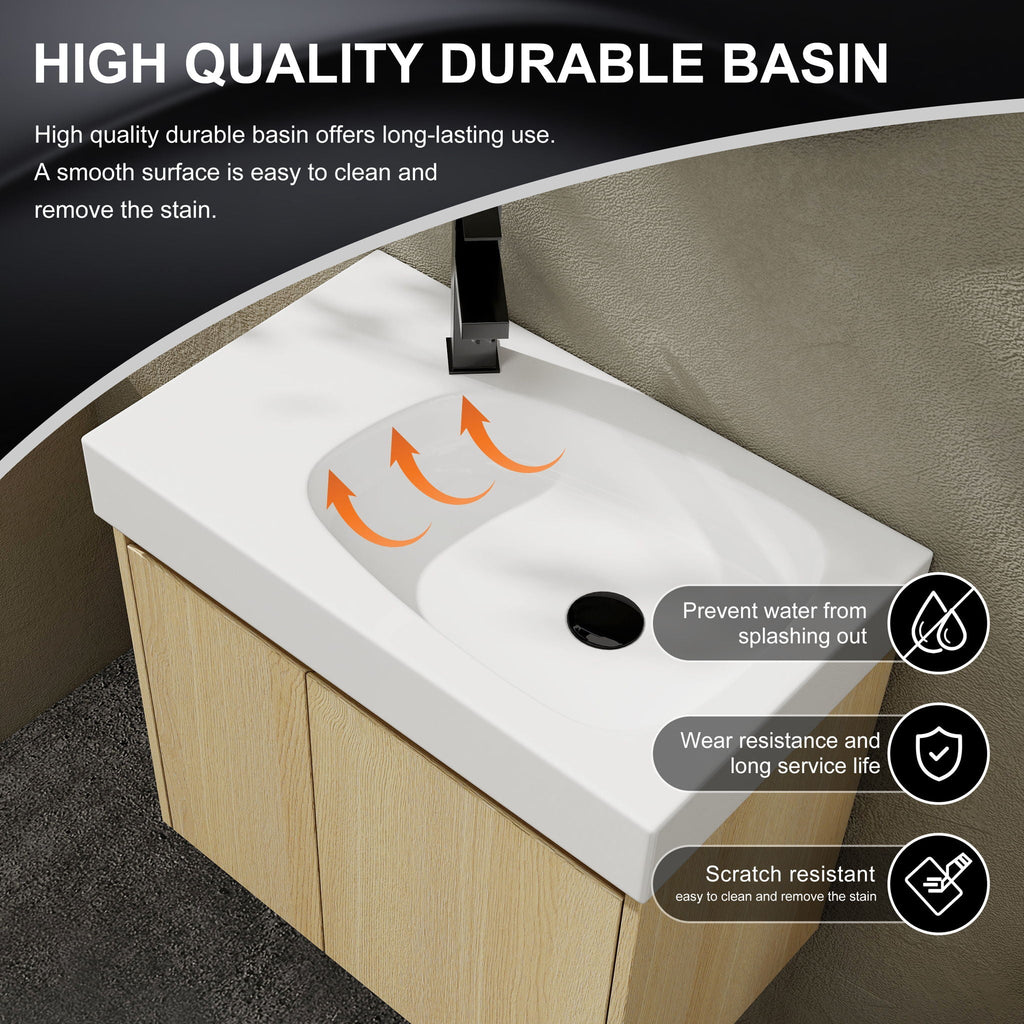 Modern Bathroom Vanity with Ceramic Basin and Storage Cabinet - Light Brown, Black, or White