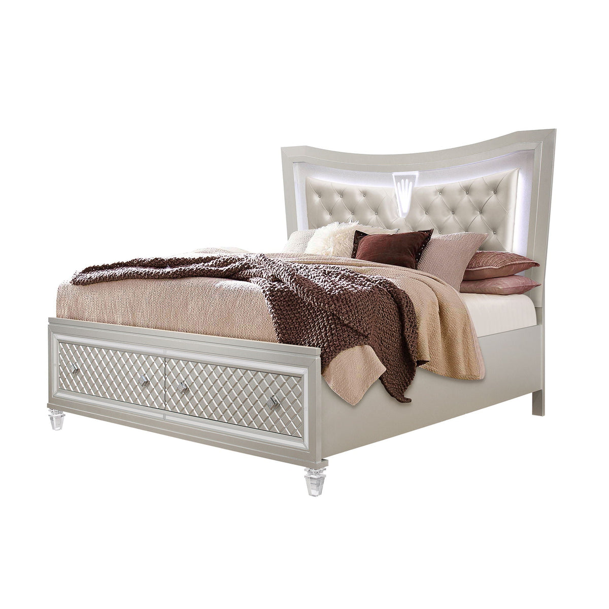 Pearl Silver Storage Bed with LED Headboard – Queen or King