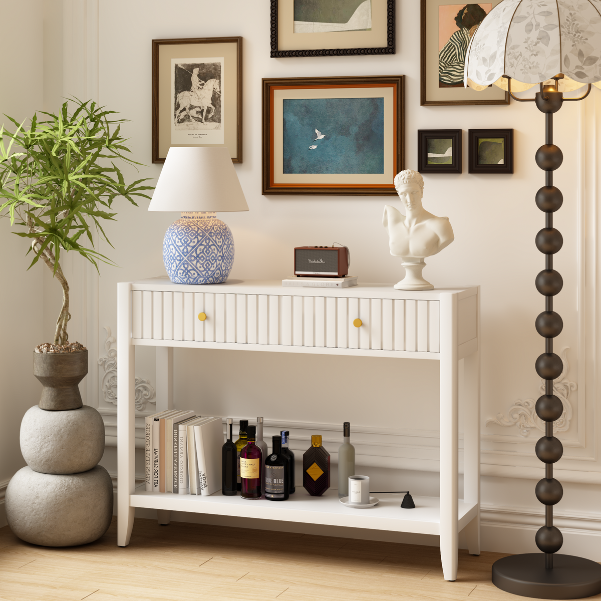 Narrow Console Table with Drawers and Storage Shelf - White