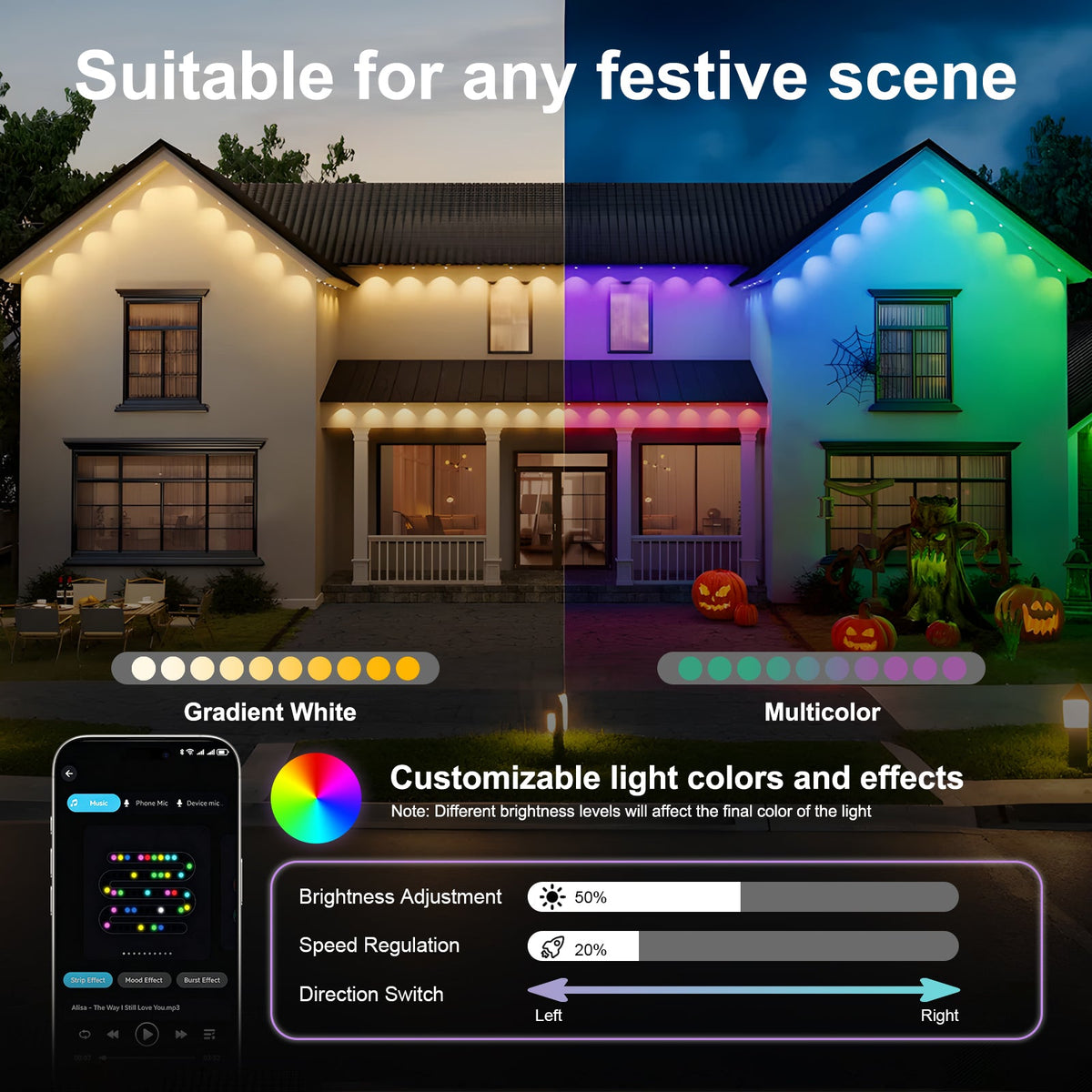 50ft Outdoor RGB LED String Lights with 75 Scene Modes - Multicolor