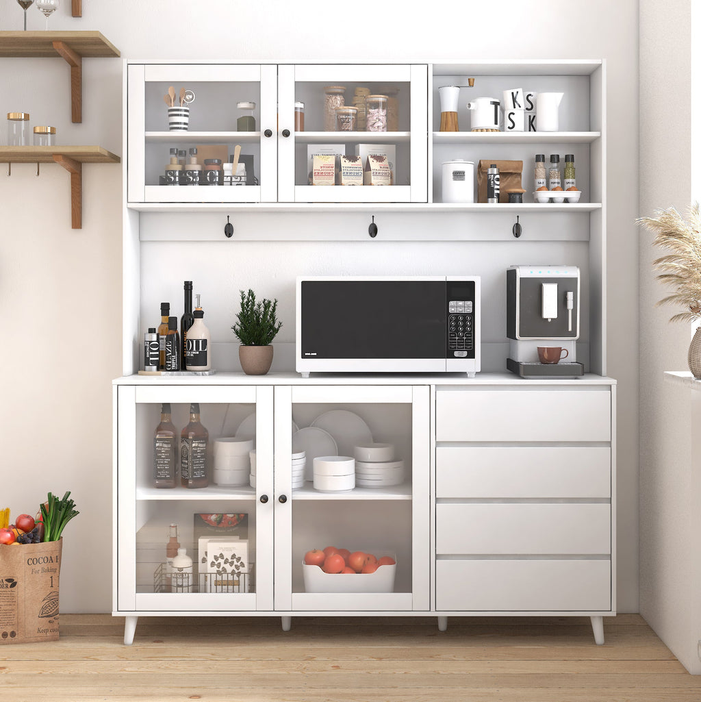 63" W Large Kitchen Hutch Cabinet with Storage Shelves and Drawers - White