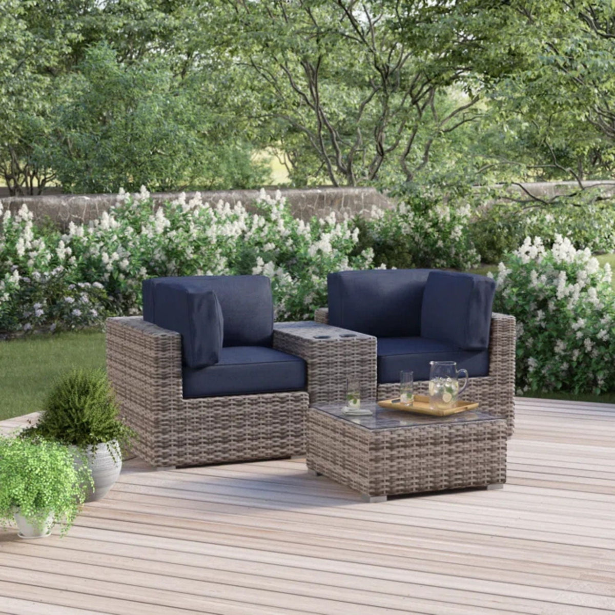 Wicker Outdoor Seating Group Set with Cushions and Table - Multiple Colors