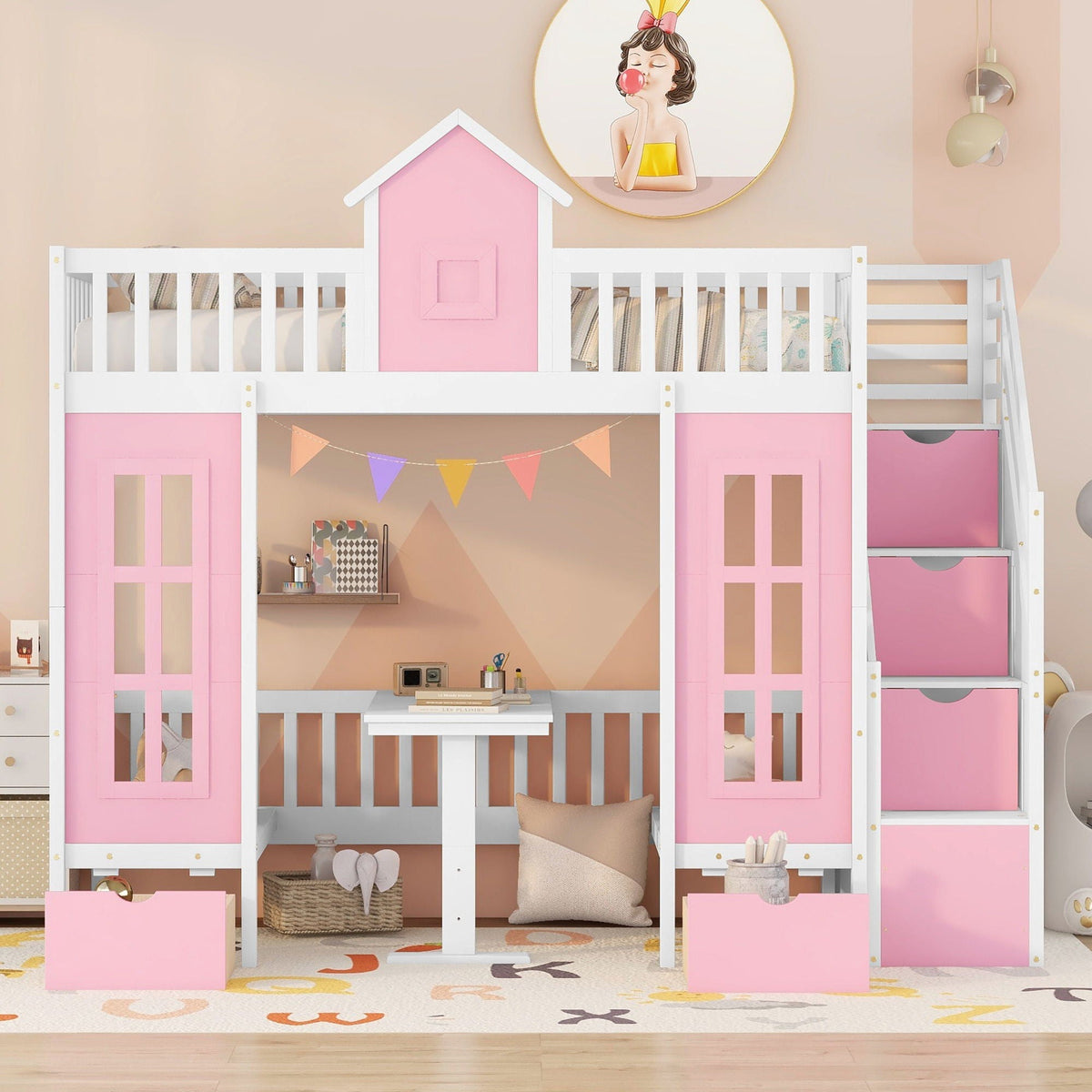 Twin Over Twin Bunk Bed with Convertible Desk - Pink or White