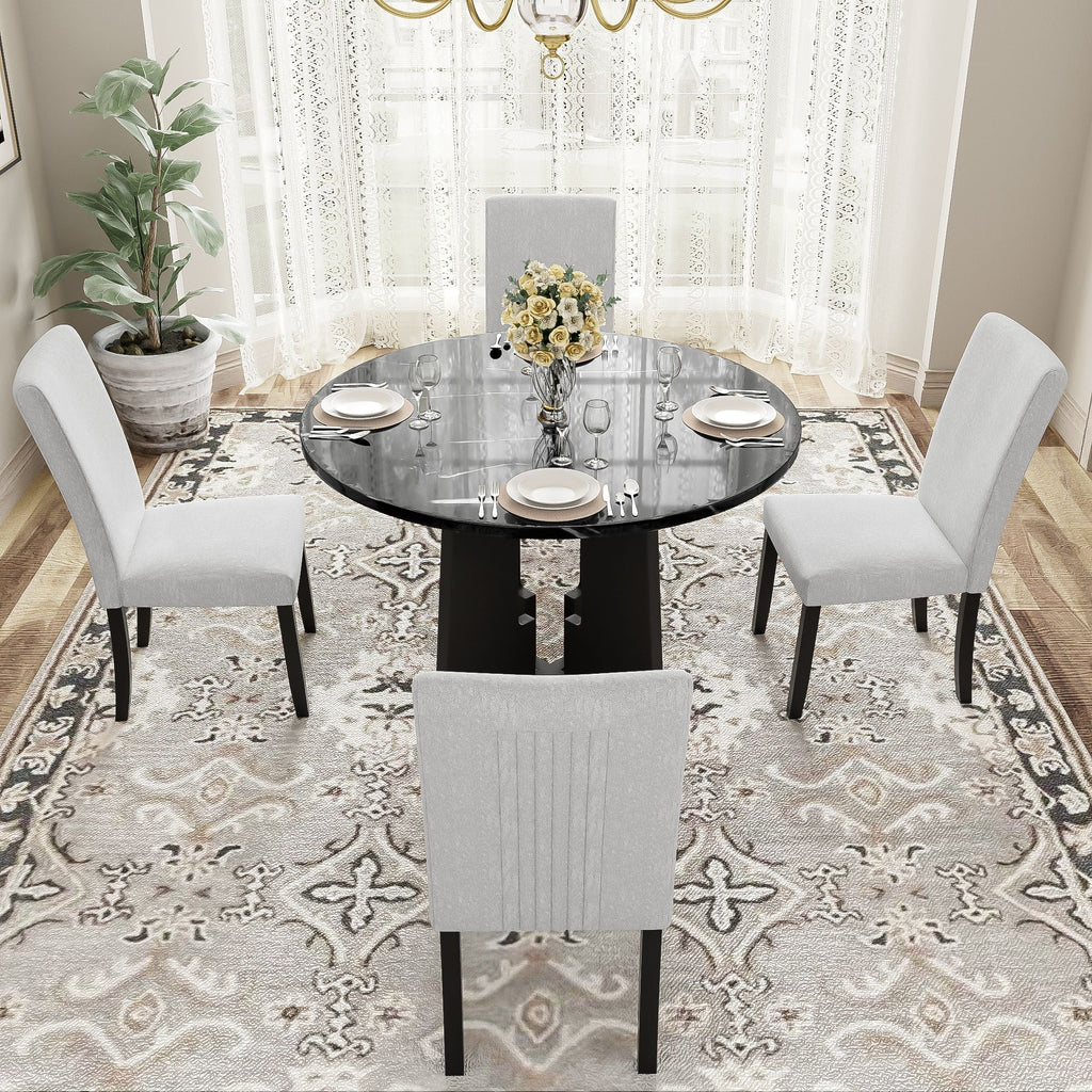 5 Piece Round Dining Table Set with Upholstered Chairs - Black or White