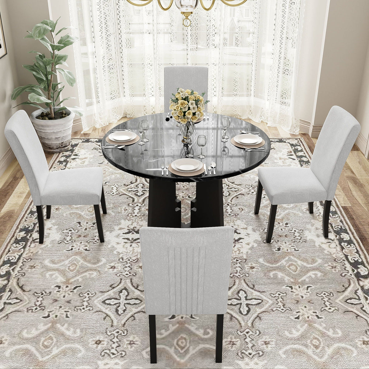 5 Piece Round Dining Table Set with Upholstered Chairs - Black or White