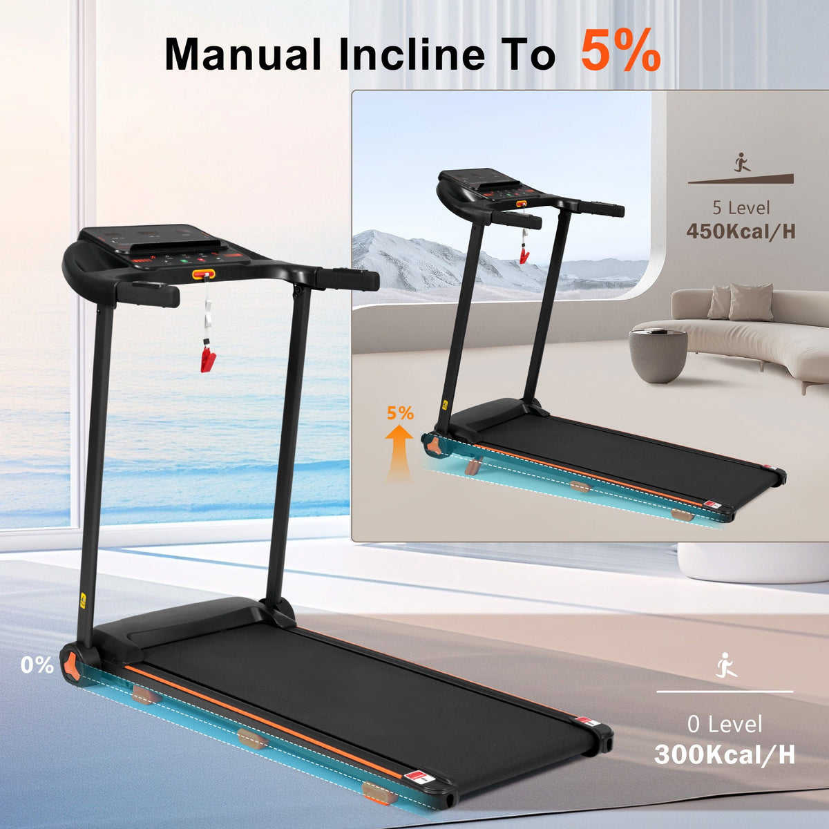 2.5Hp Quiet Folding Treadmill with Heart Rate Sensor - Black