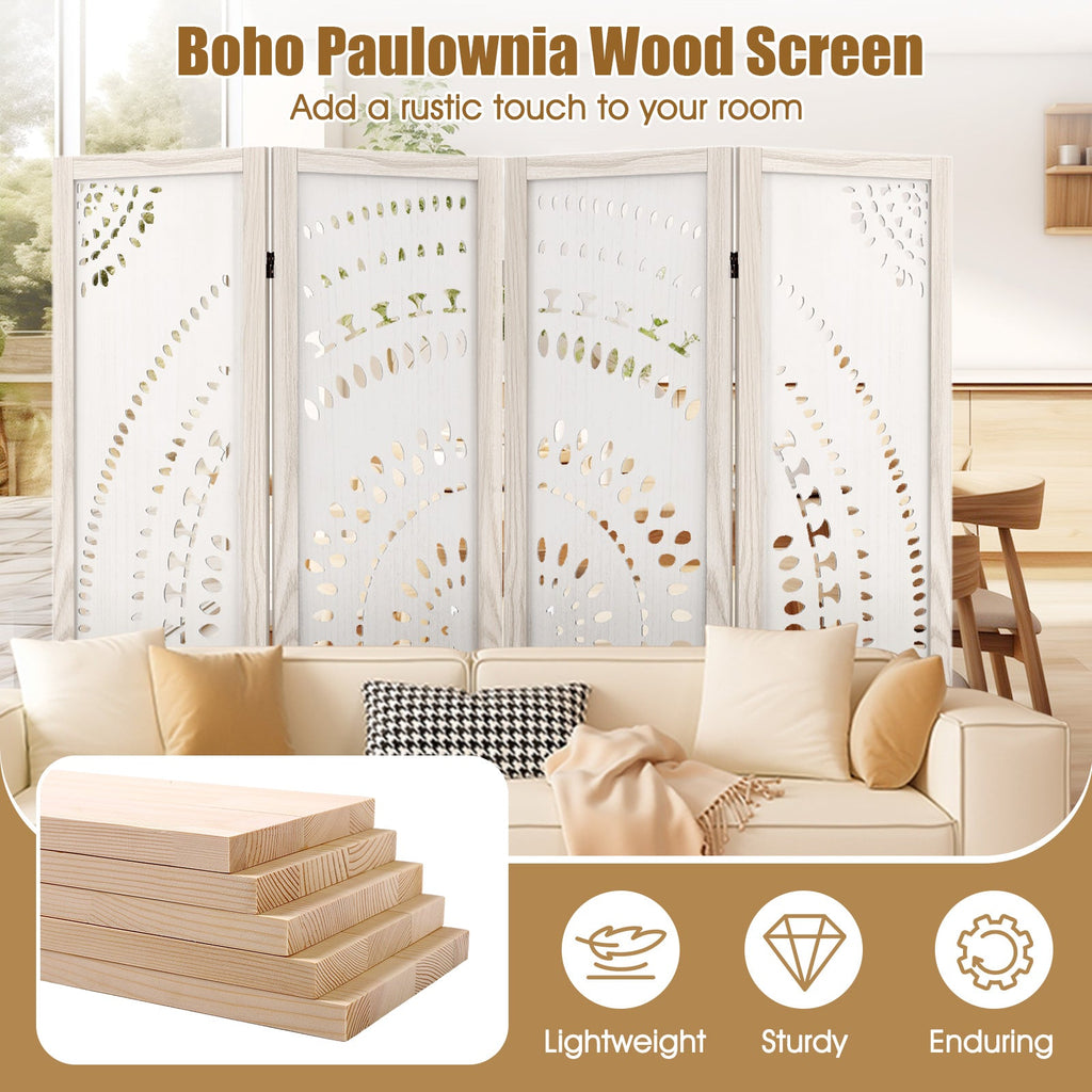 66 Inch Boho 4-Panel Room Divider Privacy Screen with Carved Pattern