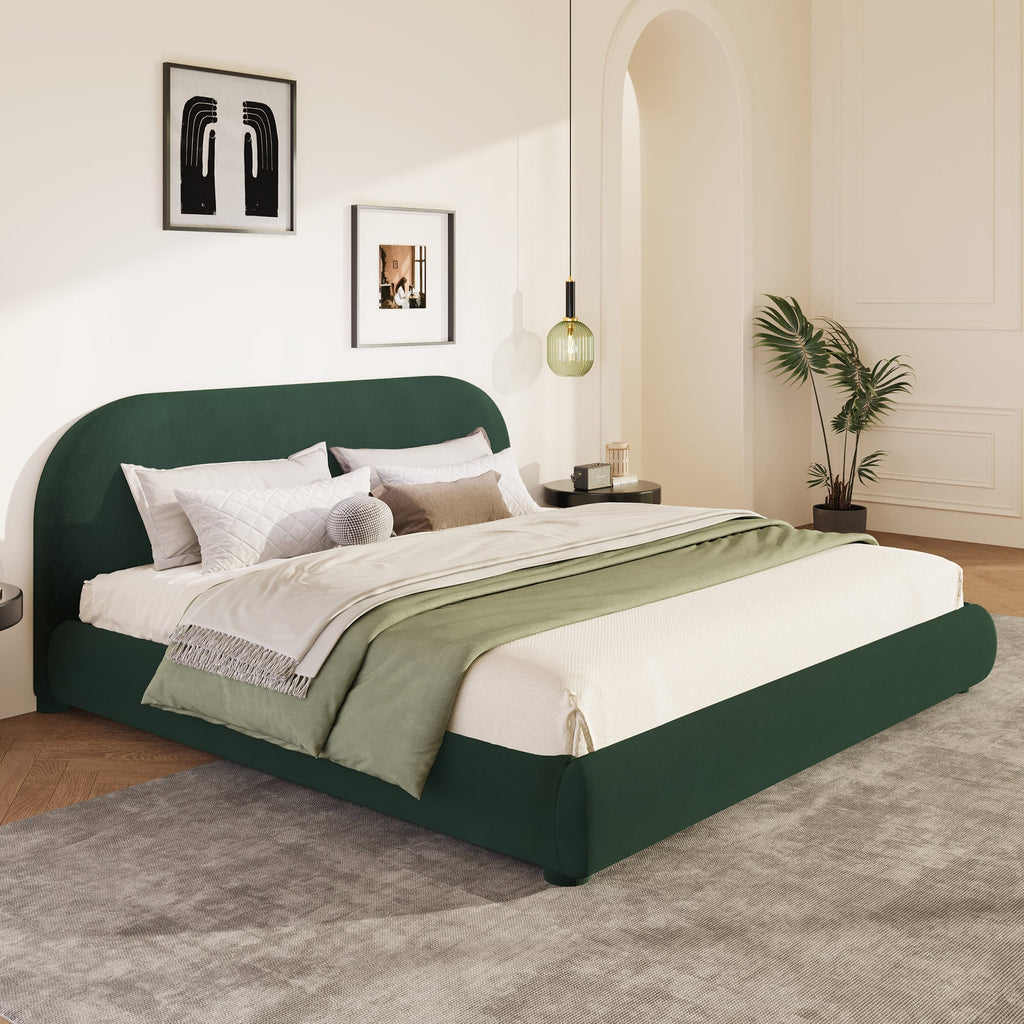 Dark Green Velvet Bed Frame with Curved Headboard - Green