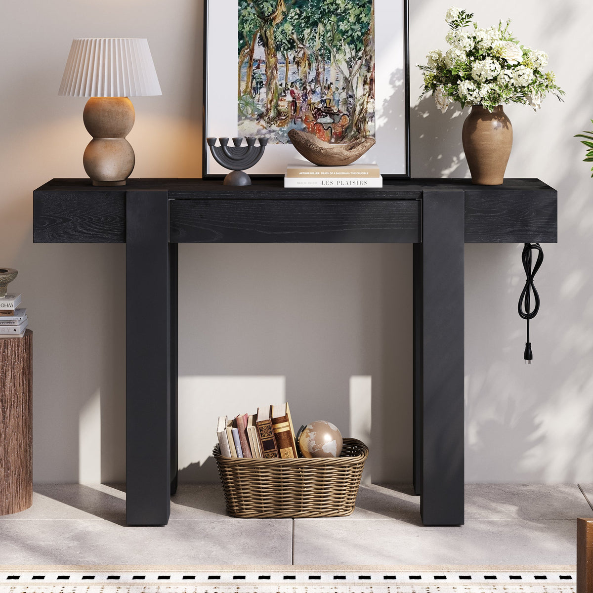 Rustic Minimalist Console Table with Hidden Drawer and Power Outlet - Brown