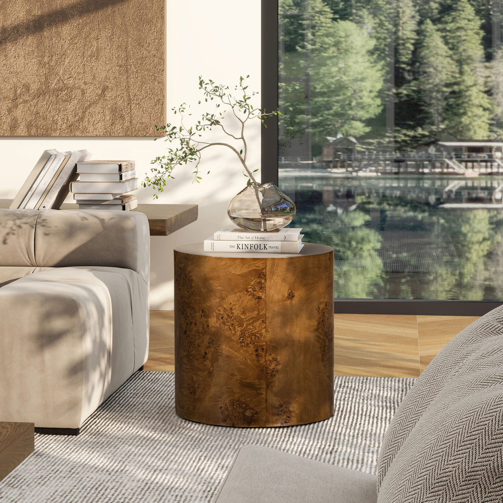 Accent Oval Pillar Side Table with Burl Wood Veneer - Light or Dark Brown
