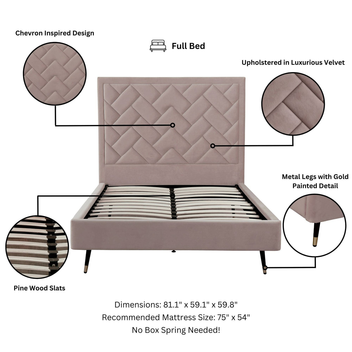 Upholstered Bed with Headboard and Slats - Multiple Colors