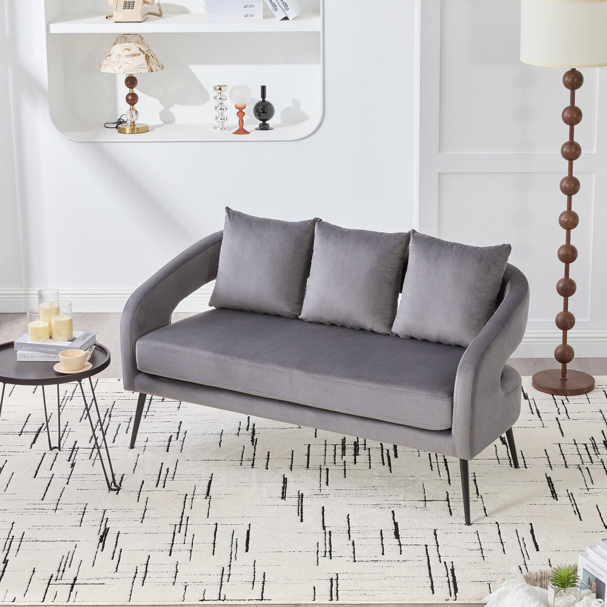 Open Back Loveseat Settee with 3 Pillows - Beige, Dark Green, or Dark Gray