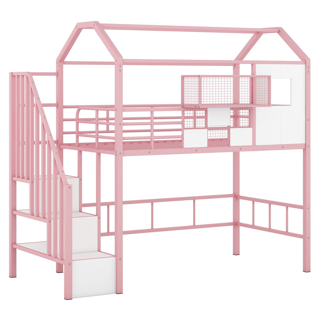 Metal Loft Bed With Roof Design and Storage Box with Guardrails and Integrated Ladder - Twin