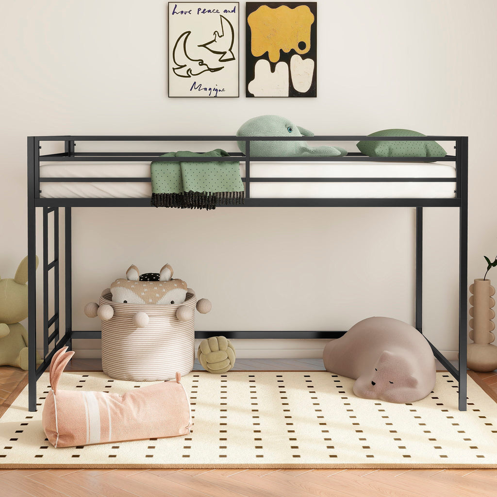 Black Twin Loft Bed with Full-Length Guardrails and Reversible Ladder