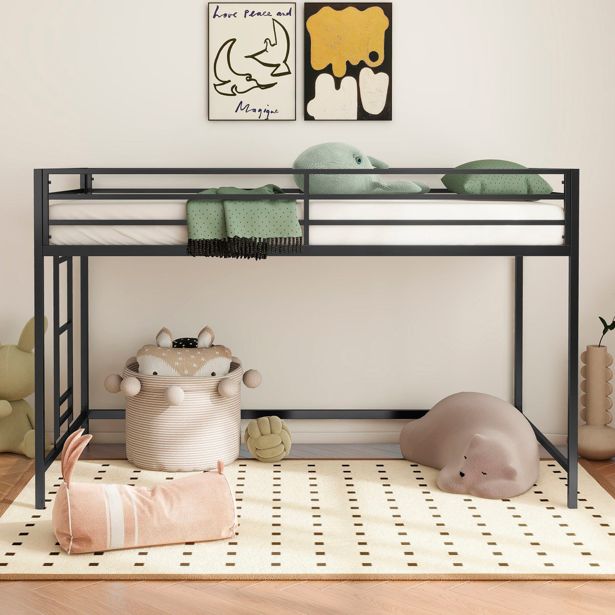 Black Twin Loft Bed with Full-Length Guardrails and Reversible Ladder