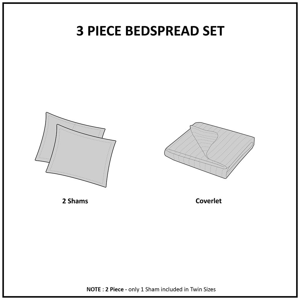 Split Corner Pleated Quilted Bedspread Set with Classic Stitch – 3 Piece - Polyester
