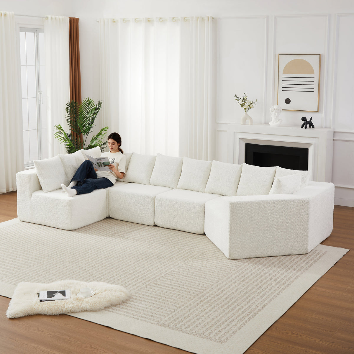 Extra-Large L-Shaped Chenille Sectional Sofa with 11 Pillows - Neutral Fabric