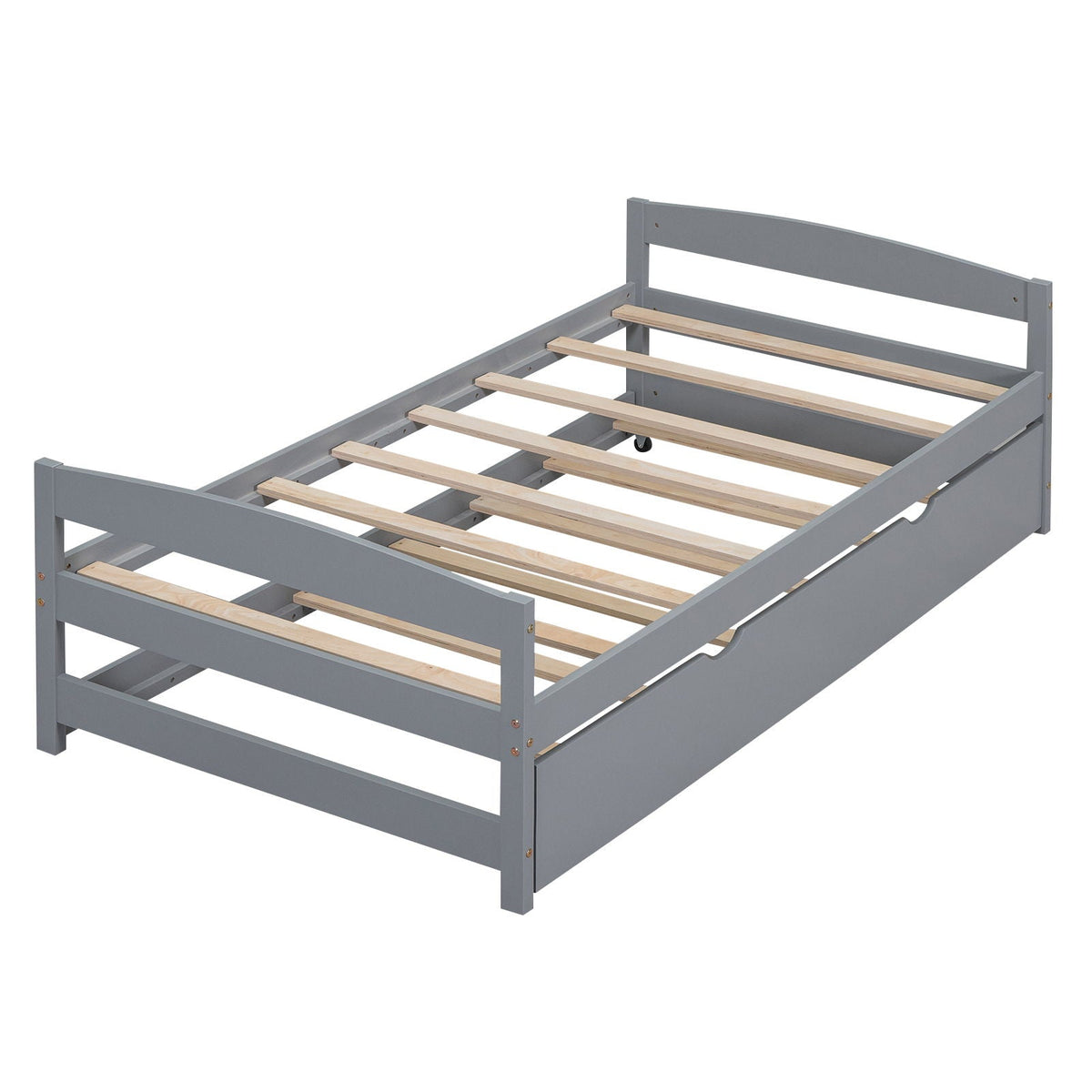 Twin Size Platform Bed with Trundle - Solid Wood Frame - Dark Gray or White