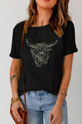 Bull Head Embroidered Round Neck T Shirt