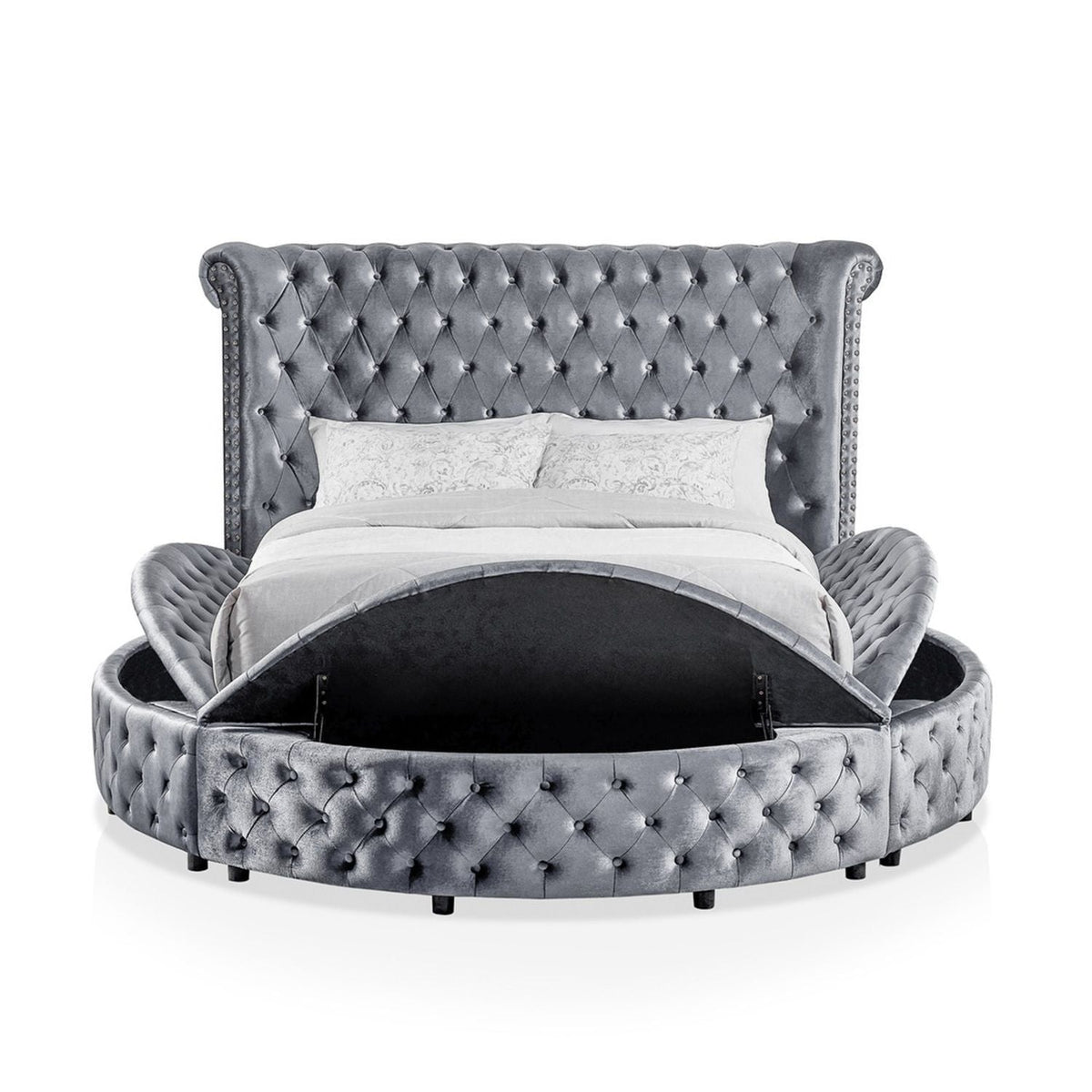 Glam Button Tufted Wingback Round Bed With Storage And USB Ports