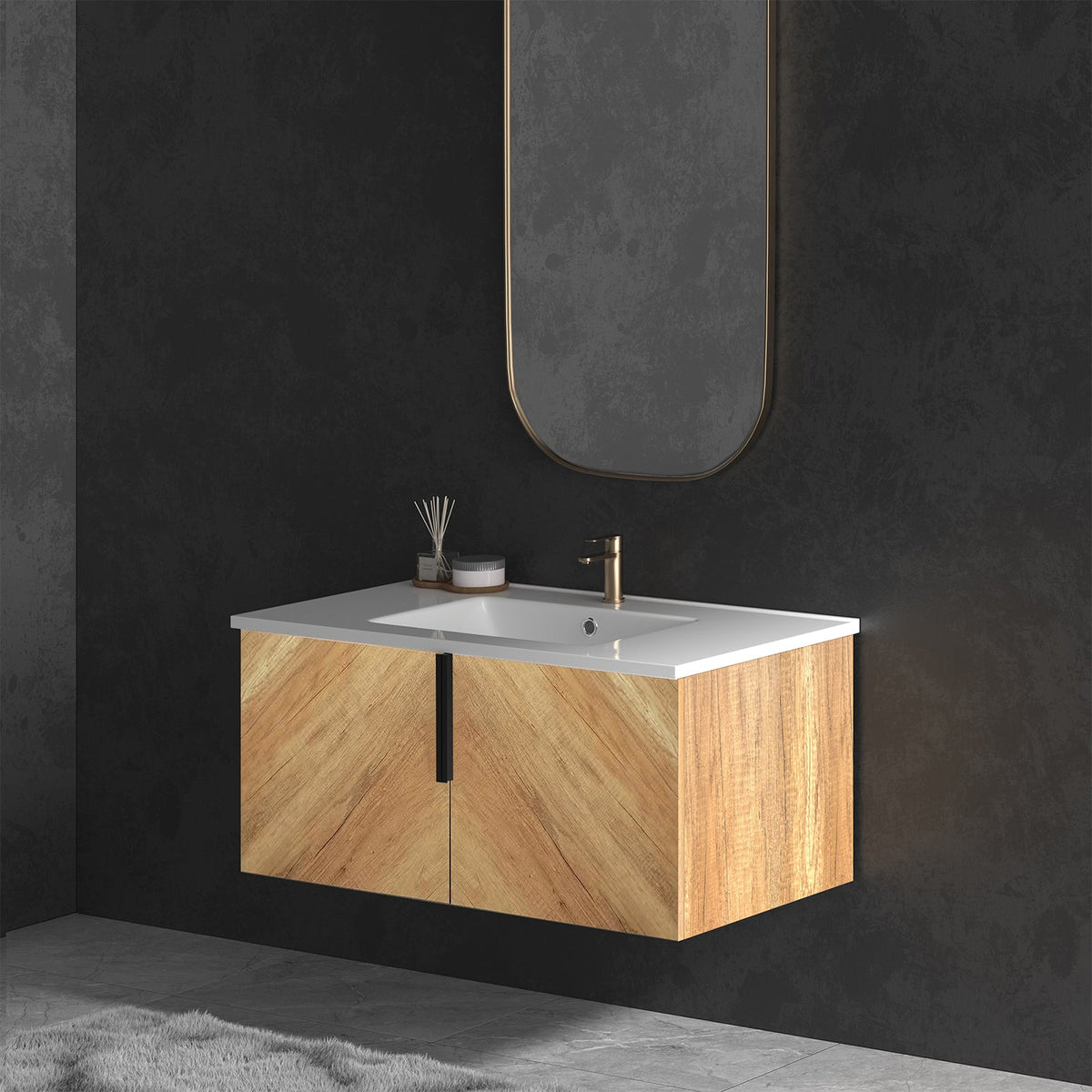 36 Inch Wall-Mounted Bathroom Vanity with 3D Fluted Panel & Ceramic Sink - Golden Oak