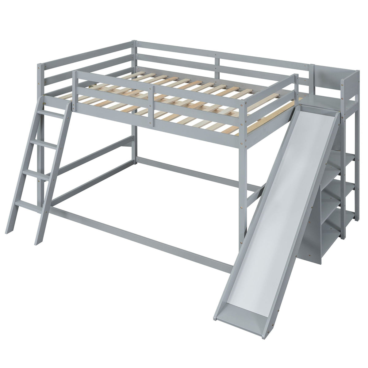 Bunk Bed With Ladder, Slide, and Shelves - Pine Wood, Full Over Full