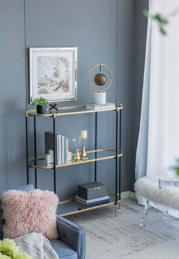 3 Tier Metal Console Table with Mirrored Shelves - Golden Black