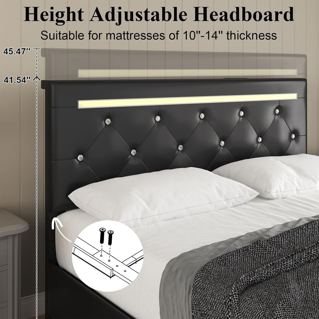 Upholstered Storage Bed Frame with LED Lights and Drawers – White or Black