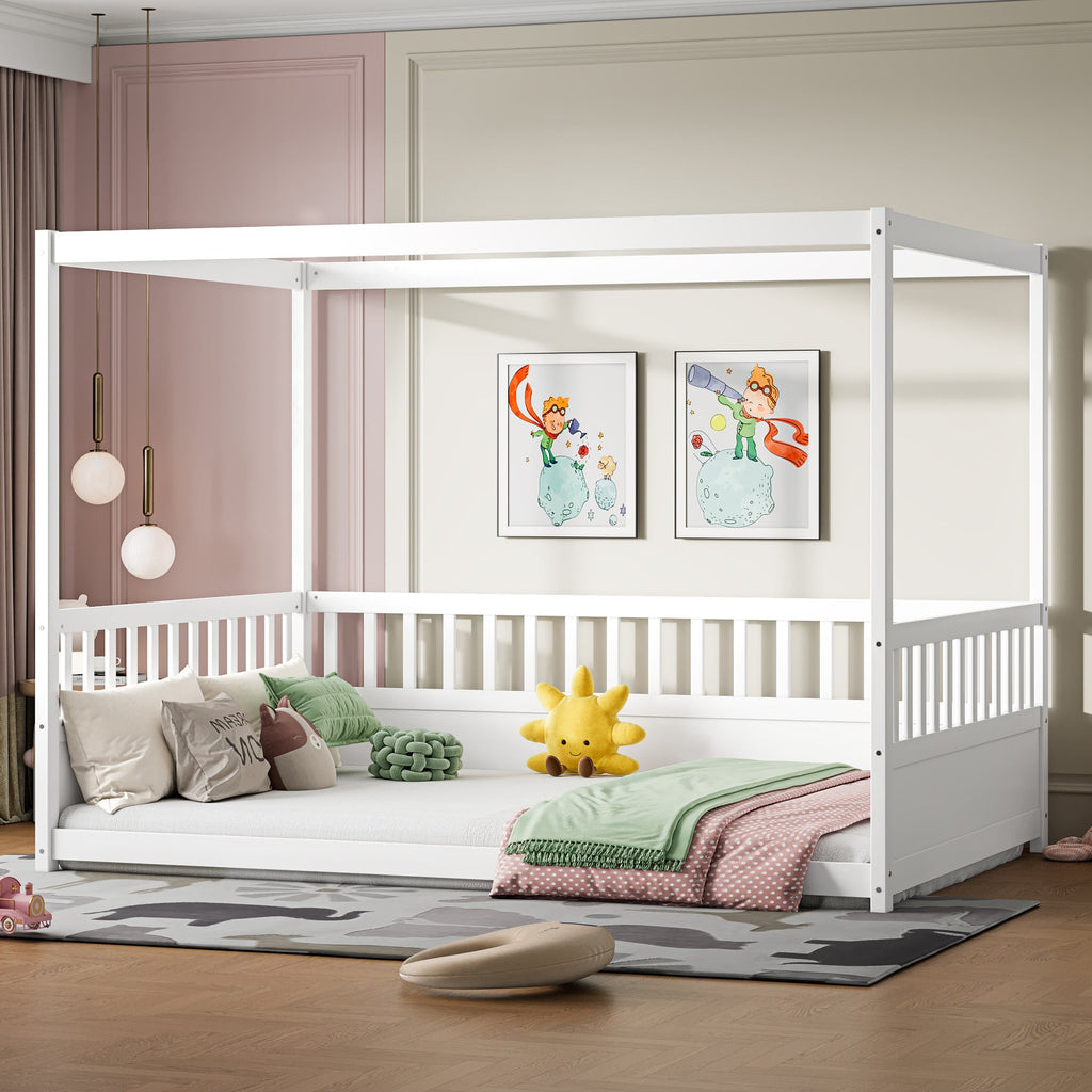 Full Size Canopy Bed Frame with Guardrails - White