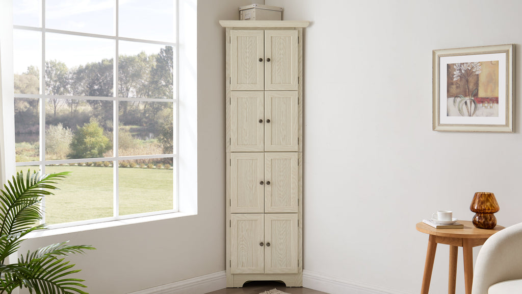 4-Tier Corner Kitchen Pantry Storage Cabinet with 8 Doors - Oak Finish