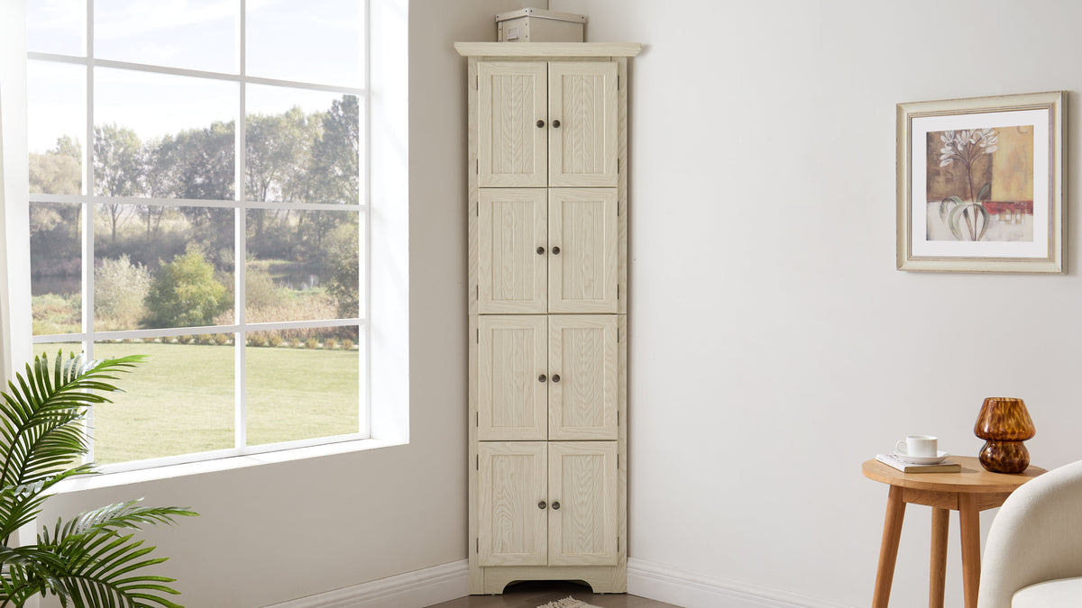 4-Tier Corner Kitchen Pantry Storage Cabinet with 8 Doors - Oak Finish