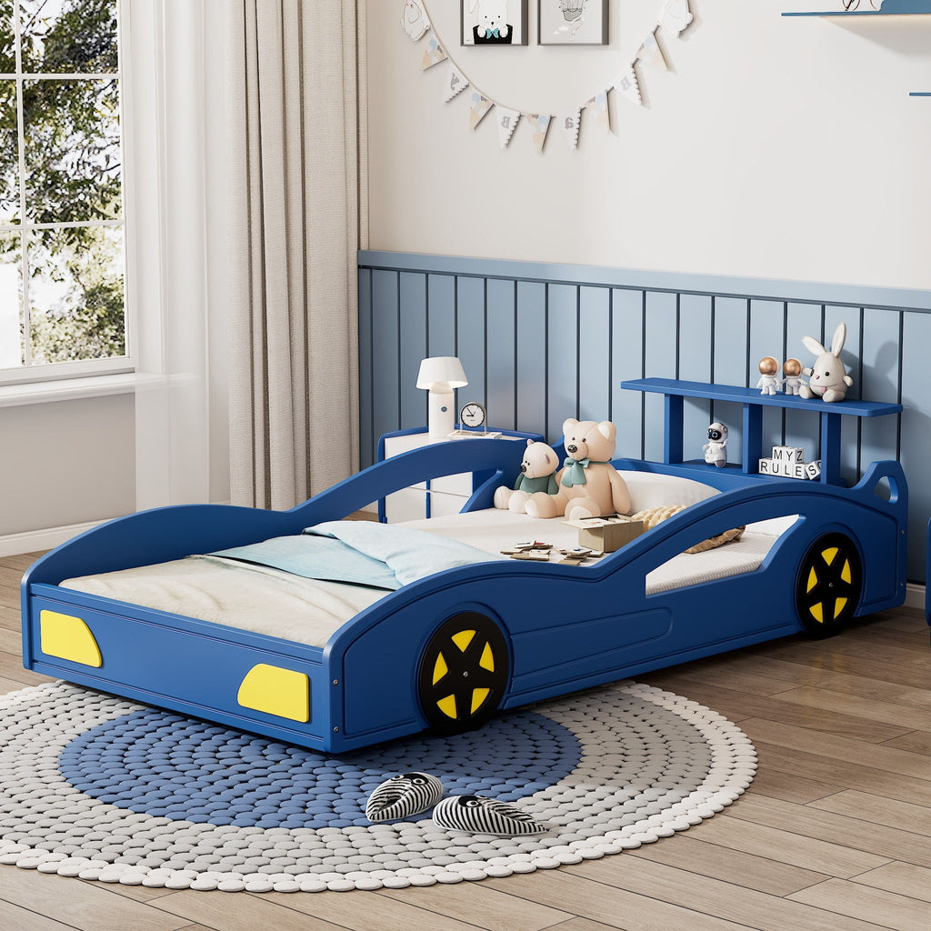 Race Car Platform Bed with Built-In Storage and Side Rails - Twin Size, Red or Blue