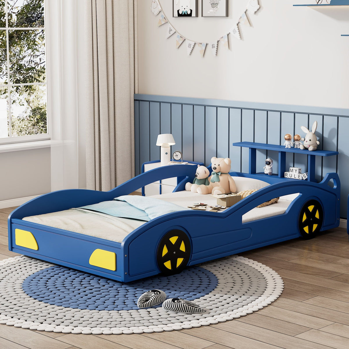 Race Car Platform Bed with Built-In Storage and Side Rails - Twin Size, Red or Blue