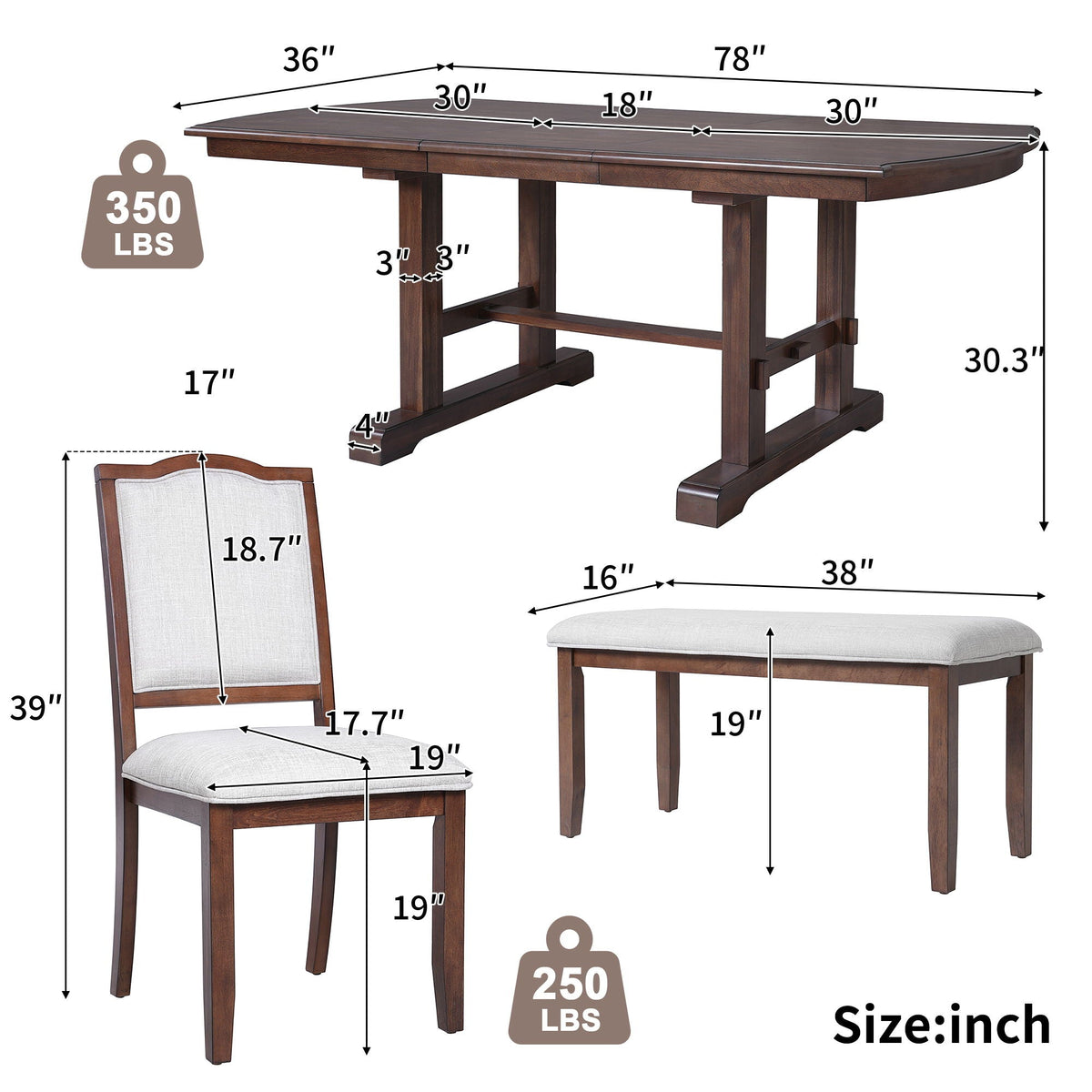 6 Piece Extendable Dining Table Set, Wood Table With Removable Leaf, 4 Upholstered Chairs And Bench - Cherry